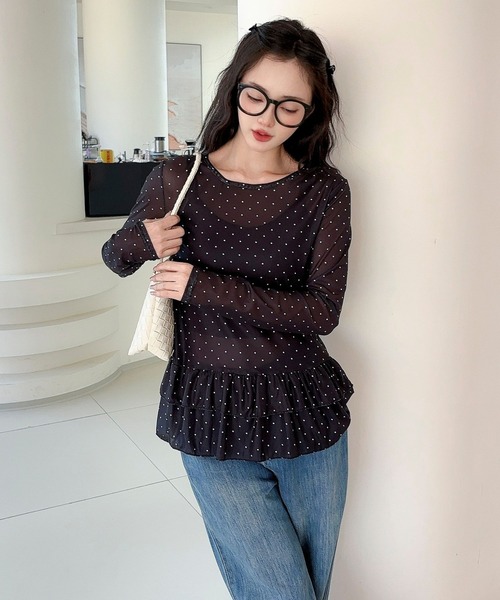 Jasmine Grandiflorum(ジャスミングランディフローラム)の「【Jasmine】ティアードフリルドッドシアートップス(Tシャツ/カットソー・レディース・ブラック/ホワイト・FREE)」の6枚目の写真