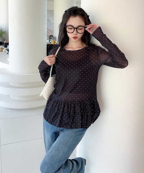 Jasmine Grandiflorum(ジャスミングランディフローラム)の「【Jasmine】ティアードフリルドッドシアートップス(Tシャツ/カットソー・レディース・ブラック/ホワイト・FREE)」の7枚目の写真
