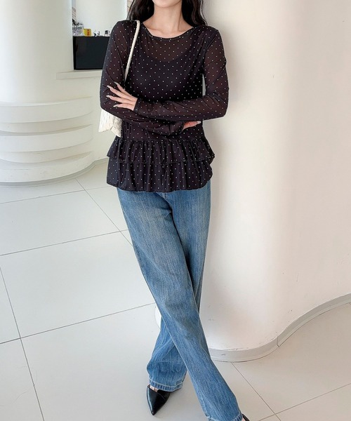 Jasmine Grandiflorum(ジャスミングランディフローラム)の「【Jasmine】ティアードフリルドッドシアートップス(Tシャツ/カットソー・レディース・ブラック/ホワイト・FREE)」の8枚目の写真