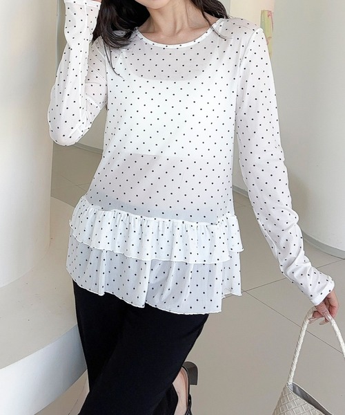Jasmine Grandiflorum(ジャスミングランディフローラム)の「【Jasmine】ティアードフリルドッドシアートップス(Tシャツ/カットソー・レディース・ブラック/ホワイト・FREE)」の10枚目の写真