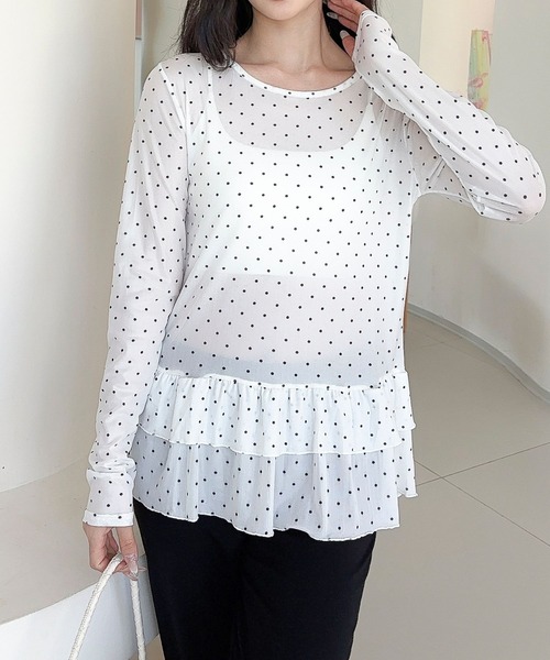 Jasmine Grandiflorum(ジャスミングランディフローラム)の「【Jasmine】ティアードフリルドッドシアートップス(Tシャツ/カットソー・レディース・ブラック/ホワイト・FREE)」の11枚目の写真