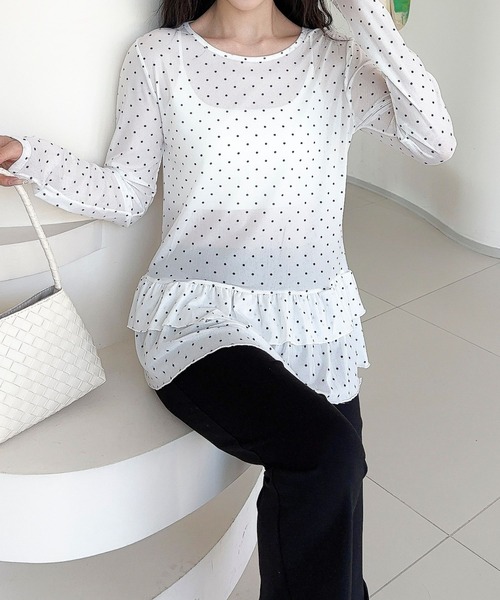 Jasmine Grandiflorum(ジャスミングランディフローラム)の「【Jasmine】ティアードフリルドッドシアートップス(Tシャツ/カットソー・レディース・ブラック/ホワイト・FREE)」の12枚目の写真