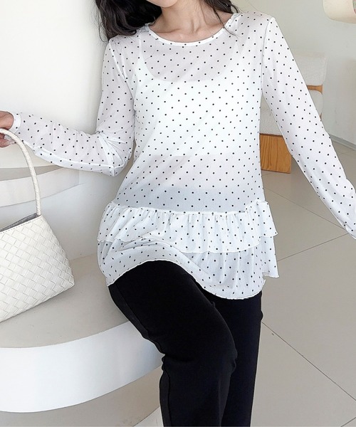 Jasmine Grandiflorum(ジャスミングランディフローラム)の「【Jasmine】ティアードフリルドッドシアートップス(Tシャツ/カットソー・レディース・ブラック/ホワイト・FREE)」の13枚目の写真