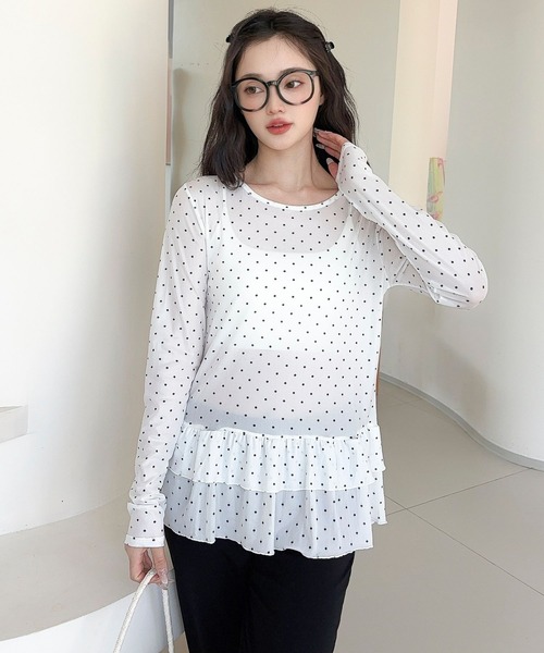 Jasmine Grandiflorum(ジャスミングランディフローラム)の「【Jasmine】ティアードフリルドッドシアートップス(Tシャツ/カットソー・レディース・ブラック/ホワイト・FREE)」の15枚目の写真