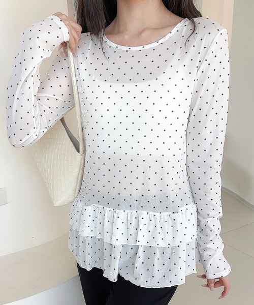 Jasmine Grandiflorum(ジャスミングランディフローラム)の「【Jasmine】ティアードフリルドッドシアートップス(Tシャツ/カットソー・レディース・ブラック/ホワイト・FREE)」の14枚目の写真