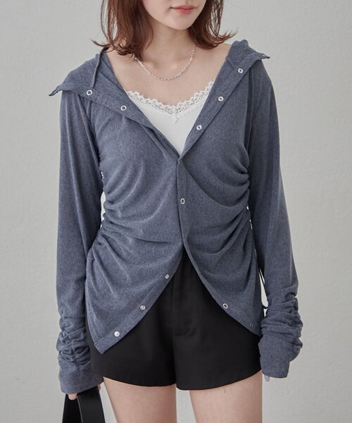 mline（エムライン）の「[mline]ギャザーフーディーパーカー（Tシャツ/カットソー・レディース・ピンク/ネイビー/ブルー/オフホワイト/グレー・FREE）」の4枚目の写真