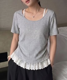 ラインストーンレースレイヤードショートスリーブトップス