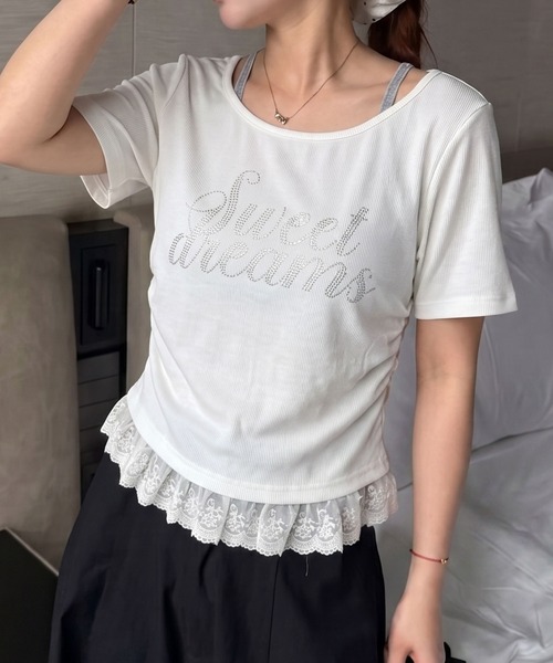SpRay（スプレイ）の「ラインストーンレースレイヤードショートスリーブトップス（Tシャツ/カットソー・レディース・グレー/ブラック/ブルー/アイボリー/ピンク・FREE）」の2枚目の写真