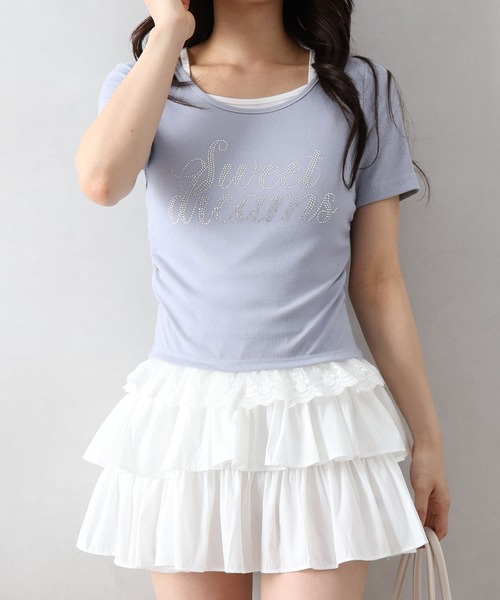 SpRay（スプレイ）の「ラインストーンレースレイヤードショートスリーブトップス（Tシャツ/カットソー・レディース・グレー/ブラック/ブルー/アイボリー/ピンク・FREE）」の7枚目の写真