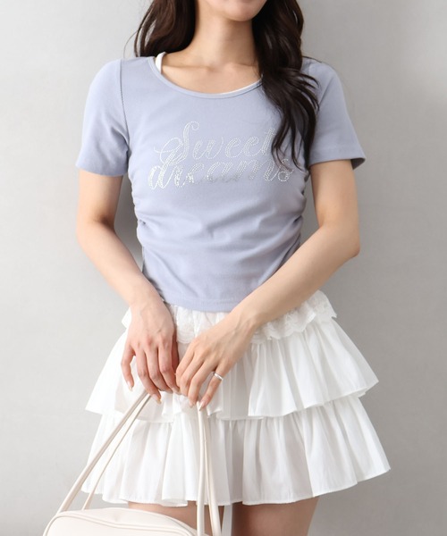 SpRay（スプレイ）の「ラインストーンレースレイヤードショートスリーブトップス（Tシャツ/カットソー・レディース・グレー/ブラック/ブルー/アイボリー/ピンク・FREE）」の8枚目の写真