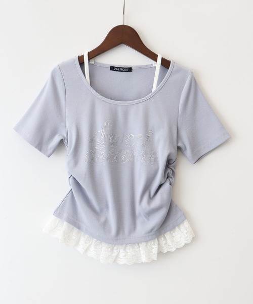 SpRay（スプレイ）の「ラインストーンレースレイヤードショートスリーブトップス（Tシャツ/カットソー・レディース・グレー/ブラック/ブルー/アイボリー/ピンク・FREE）」の10枚目の写真
