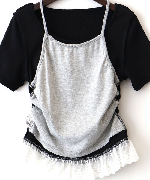 SpRay（スプレイ）の「ラインストーンレースレイヤードショートスリーブトップス（Tシャツ/カットソー・レディース・グレー/ブラック/ブルー/アイボリー/ピンク・FREE）」の15枚目の写真