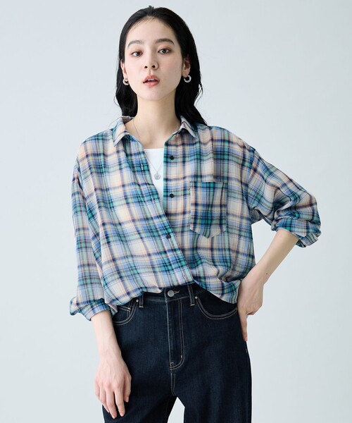 ANY(エニィ)の「シアーチェックシャツ(シャツ/ブラウス・レディース・レッド系5/ダークブラウン系3/アイボリー系5/ブルー系3/パープル系3・X-LARGE)」の3枚目の写真