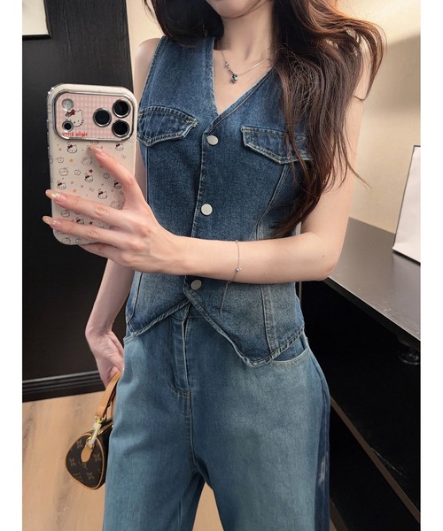 FAVORITO(ファヴォリート)の「デニムベストパンツセットアップ(セットアップ・レディース・ブルー・S/M/L/XL)」の2枚目の写真