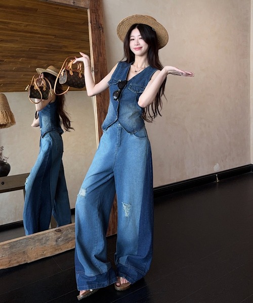 FAVORITO(ファヴォリート)の「デニムベストパンツセットアップ(セットアップ・レディース・ブルー・S/M/L/XL)」の9枚目の写真