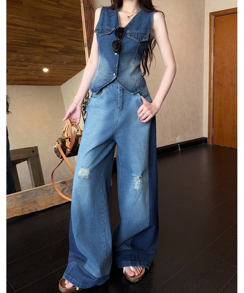 FAVORITO(ファヴォリート)の「デニムベストパンツセットアップ(セットアップ・レディース・ブルー・S/M/L/XL)」の6枚目の写真
