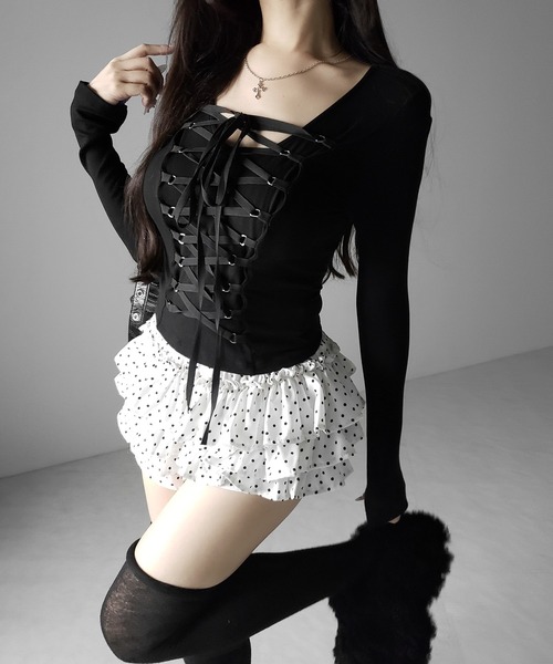 me+em select(ミームセレクト)の「【 2color 】ティアードフリルドットショートパンツ / tiered frill dot short pants(その他パンツ・レディース・ホワイト/ブラック・FREE)」の14枚目の写真