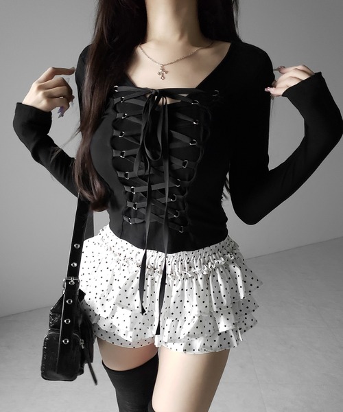 me+em select(ミームセレクト)の「【 2color 】ティアードフリルドットショートパンツ / tiered frill dot short pants(その他パンツ・レディース・ホワイト/ブラック・FREE)」の12枚目の写真