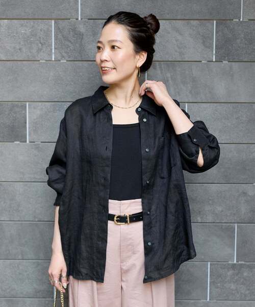 B.C STOCK(ベーセーストック)の「《追加3》《S/Mサイズ展開》手洗い可 / 2WAYフレンチリネンシャツ(シャツ/ブラウス・レディース・ブラック/イエロー/ライトブルー/ピンク/オートミール/アイボリー/レッド/チョコ・SMALL/MEDIUM)」の12枚目の写真