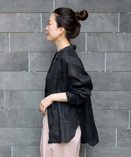 B.C STOCK(ベーセーストック)の「《追加3》《S/Mサイズ展開》手洗い可 / 2WAYフレンチリネンシャツ(シャツ/ブラウス・レディース・ブラック/イエロー/ライトブルー/ピンク/オートミール/アイボリー/レッド/チョコ・SMALL/MEDIUM)」の13枚目の写真