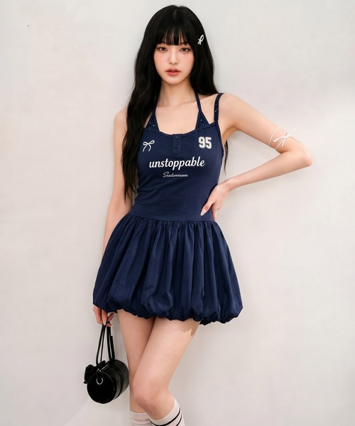 HOOK（フック）の「HOOK for girls レイヤード風 スポーティー バブルヘム ミニワンピース ロゴ × リボン (SS)（ワンピース・レディース・ホワイト/ネイビー・FREE）」の8枚目の写真