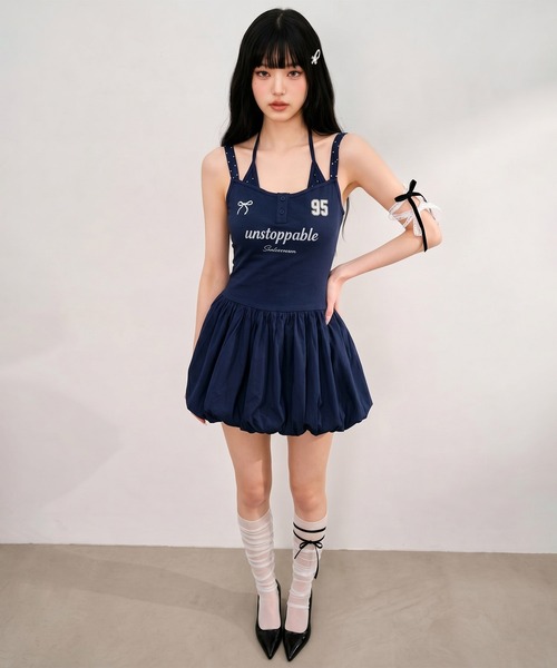 HOOK（フック）の「HOOK for girls レイヤード風 スポーティー バブルヘム ミニワンピース ロゴ × リボン (SS)（ワンピース・レディース・ホワイト/ネイビー・FREE）」の5枚目の写真