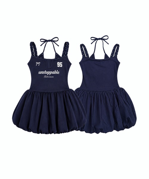 HOOK（フック）の「HOOK for girls レイヤード風 スポーティー バブルヘム ミニワンピース ロゴ × リボン (SS)（ワンピース・レディース・ホワイト/ネイビー・FREE）」の3枚目の写真
