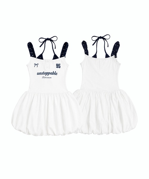 HOOK（フック）の「HOOK for girls レイヤード風 スポーティー バブルヘム ミニワンピース ロゴ × リボン (SS)（ワンピース・レディース・ホワイト/ネイビー・FREE）」の4枚目の写真