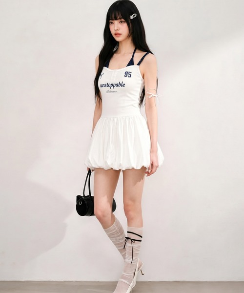 HOOK（フック）の「HOOK for girls レイヤード風 スポーティー バブルヘム ミニワンピース ロゴ × リボン (SS)（ワンピース・レディース・ホワイト/ネイビー・FREE）」の12枚目の写真