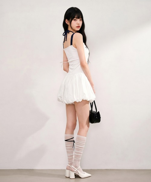 HOOK（フック）の「HOOK for girls レイヤード風 スポーティー バブルヘム ミニワンピース ロゴ × リボン (SS)（ワンピース・レディース・ホワイト/ネイビー・FREE）」の11枚目の写真