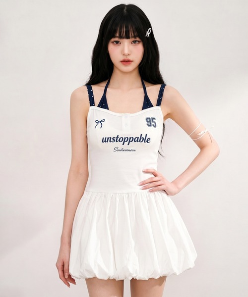 HOOK（フック）の「HOOK for girls レイヤード風 スポーティー バブルヘム ミニワンピース ロゴ × リボン (SS)（ワンピース・レディース・ホワイト/ネイビー・FREE）」の14枚目の写真