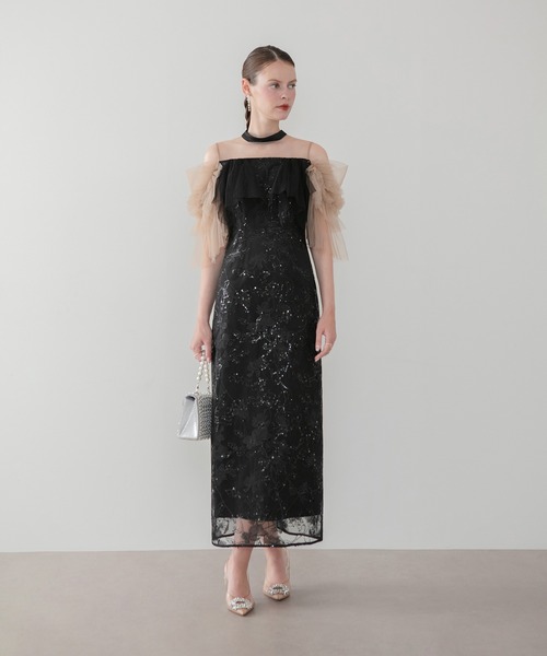 Leja 完売 黒 ドレス スパンコール 結婚式 LEJA】オープンショルダーボリュームチュールスパンコールIライン