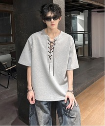 【neos】レースアップ ネック スキッパー トップス Tシャツ ルーズシルエット ユニセックス メンズ レディース