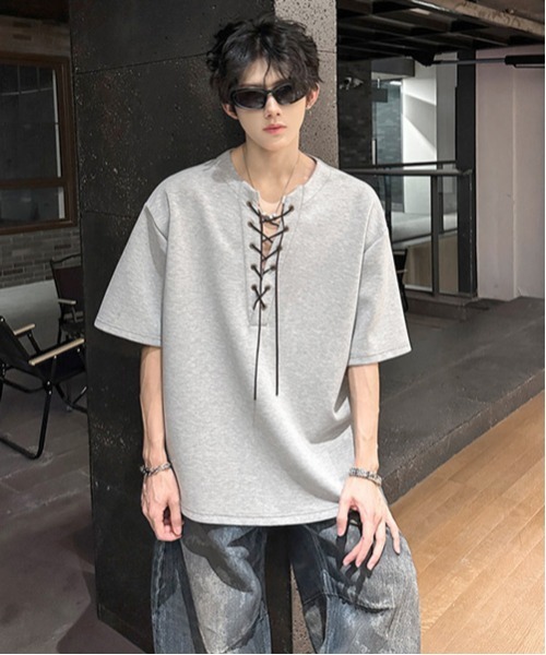 neos(ネオス)の「【neos】レースアップ ネック スキッパー トップス Tシャツ ルーズシルエット ユニセックス メンズ レディース(Tシャツ/カットソー・メンズ・グレー/ブラック・MEDIUM/X-LARGE/LARGE)」の2枚目の写真