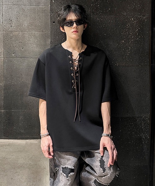 neos(ネオス)の「【neos】レースアップ ネック スキッパー トップス Tシャツ ルーズシルエット ユニセックス メンズ レディース(Tシャツ/カットソー・メンズ・グレー/ブラック・MEDIUM/X-LARGE/LARGE)」の1枚目の写真