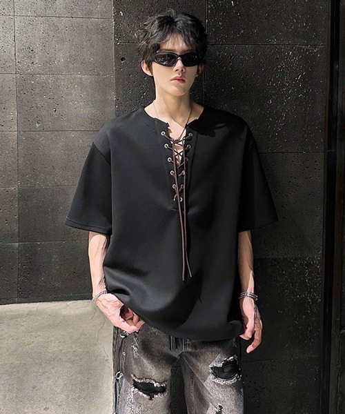neos(ネオス)の「【neos】レースアップ ネック スキッパー トップス Tシャツ ルーズシルエット ユニセックス メンズ レディース(Tシャツ/カットソー・メンズ・グレー/ブラック・MEDIUM/X-LARGE/LARGE)」の3枚目の写真