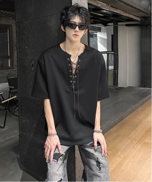 neos(ネオス)の「【neos】レースアップ ネック スキッパー トップス Tシャツ ルーズシルエット ユニセックス メンズ レディース(Tシャツ/カットソー・メンズ・グレー/ブラック・MEDIUM/X-LARGE/LARGE)」の4枚目の写真
