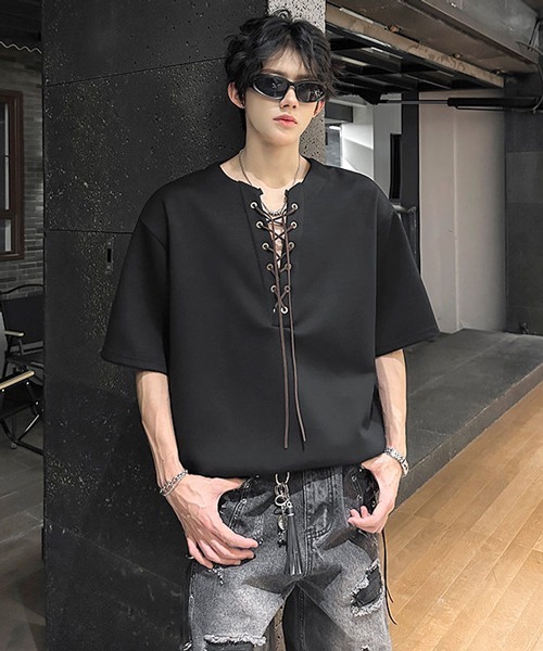 neos(ネオス)の「【neos】レースアップ ネック スキッパー トップス Tシャツ ルーズシルエット ユニセックス メンズ レディース(Tシャツ/カットソー・メンズ・グレー/ブラック・MEDIUM/X-LARGE/LARGE)」の5枚目の写真