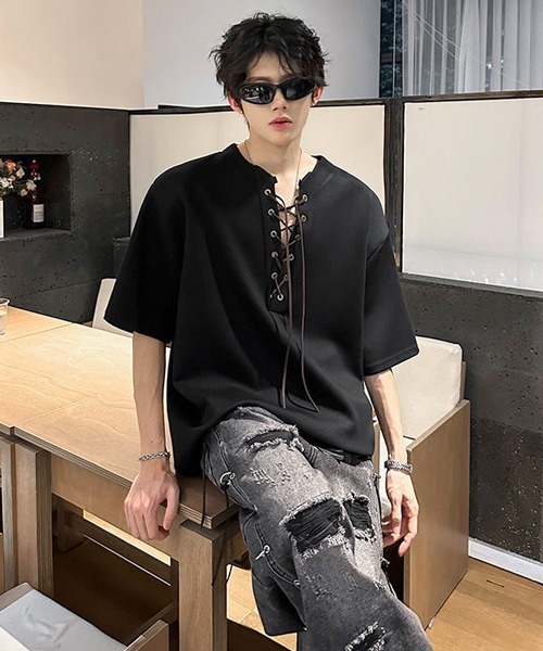 neos(ネオス)の「【neos】レースアップ ネック スキッパー トップス Tシャツ ルーズシルエット ユニセックス メンズ レディース(Tシャツ/カットソー・メンズ・グレー/ブラック・MEDIUM/X-LARGE/LARGE)」の9枚目の写真