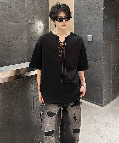 neos(ネオス)の「【neos】レースアップ ネック スキッパー トップス Tシャツ ルーズシルエット ユニセックス メンズ レディース(Tシャツ/カットソー・メンズ・グレー/ブラック・MEDIUM/X-LARGE/LARGE)」の7枚目の写真