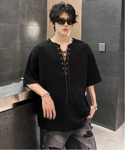 neos(ネオス)の「【neos】レースアップ ネック スキッパー トップス Tシャツ ルーズシルエット ユニセックス メンズ レディース(Tシャツ/カットソー・メンズ・グレー/ブラック・MEDIUM/X-LARGE/LARGE)」の6枚目の写真