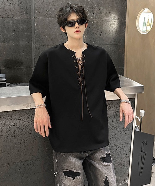 neos(ネオス)の「【neos】レースアップ ネック スキッパー トップス Tシャツ ルーズシルエット ユニセックス メンズ レディース(Tシャツ/カットソー・メンズ・グレー/ブラック・MEDIUM/X-LARGE/LARGE)」の8枚目の写真