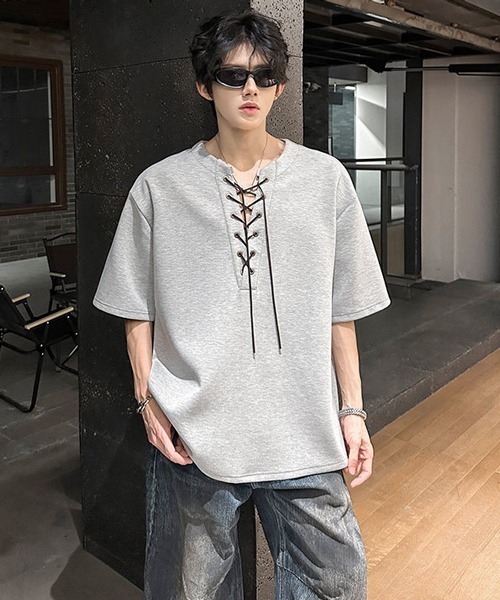 neos(ネオス)の「【neos】レースアップ ネック スキッパー トップス Tシャツ ルーズシルエット ユニセックス メンズ レディース(Tシャツ/カットソー・メンズ・グレー/ブラック・MEDIUM/X-LARGE/LARGE)」の16枚目の写真