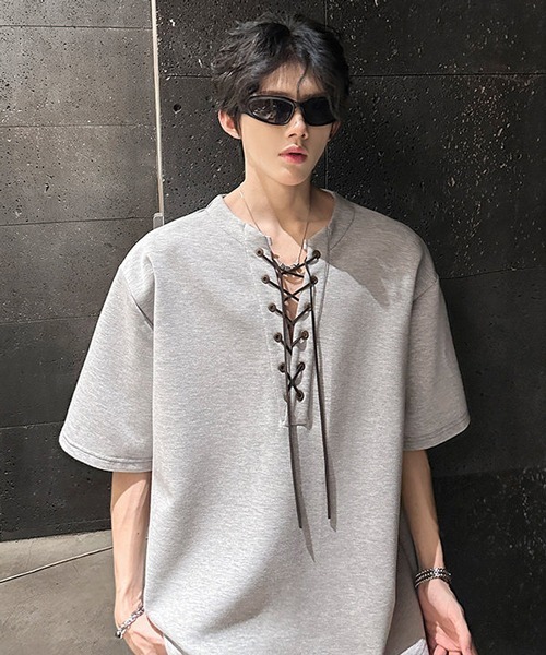 neos(ネオス)の「【neos】レースアップ ネック スキッパー トップス Tシャツ ルーズシルエット ユニセックス メンズ レディース(Tシャツ/カットソー・メンズ・グレー/ブラック・MEDIUM/X-LARGE/LARGE)」の11枚目の写真