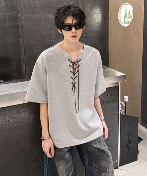 neos(ネオス)の「【neos】レースアップ ネック スキッパー トップス Tシャツ ルーズシルエット ユニセックス メンズ レディース(Tシャツ/カットソー・メンズ・グレー/ブラック・MEDIUM/X-LARGE/LARGE)」の12枚目の写真