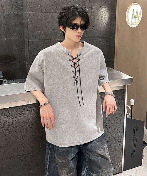neos(ネオス)の「【neos】レースアップ ネック スキッパー トップス Tシャツ ルーズシルエット ユニセックス メンズ レディース(Tシャツ/カットソー・メンズ・グレー/ブラック・MEDIUM/X-LARGE/LARGE)」の13枚目の写真