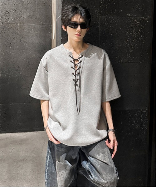 neos(ネオス)の「【neos】レースアップ ネック スキッパー トップス Tシャツ ルーズシルエット ユニセックス メンズ レディース(Tシャツ/カットソー・メンズ・グレー/ブラック・MEDIUM/X-LARGE/LARGE)」の10枚目の写真