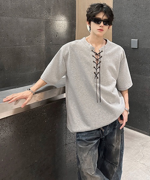 neos(ネオス)の「【neos】レースアップ ネック スキッパー トップス Tシャツ ルーズシルエット ユニセックス メンズ レディース(Tシャツ/カットソー・メンズ・グレー/ブラック・MEDIUM/X-LARGE/LARGE)」の15枚目の写真