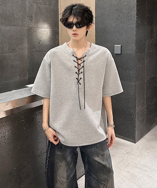 neos(ネオス)の「【neos】レースアップ ネック スキッパー トップス Tシャツ ルーズシルエット ユニセックス メンズ レディース(Tシャツ/カットソー・メンズ・グレー/ブラック・MEDIUM/X-LARGE/LARGE)」の14枚目の写真
