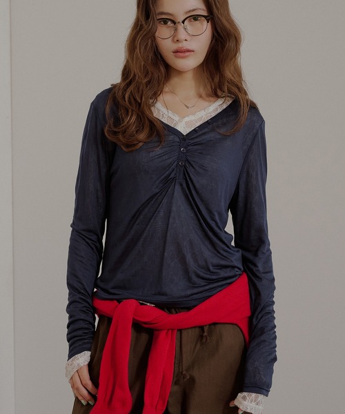 MUHET(ミュエータ)の「【set item】sheer layered gather tops / シアーレイヤードギャザーロンTセット(Tシャツ/カットソー・レディース・チャコールグレー/オフホワイト/ネイビー/ブラウン・FREE)」の1枚目の写真